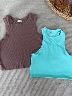 Ribbed Cropped Tank Tops - Chocolate Brown & Aqua